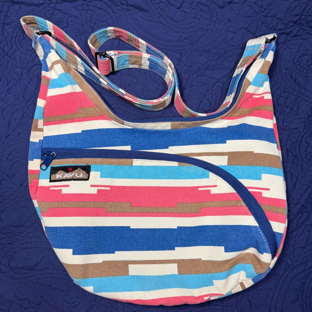 KAVU Keepalong Crossbody Bag Multi Color Stripe Canvas Shoulder Purse